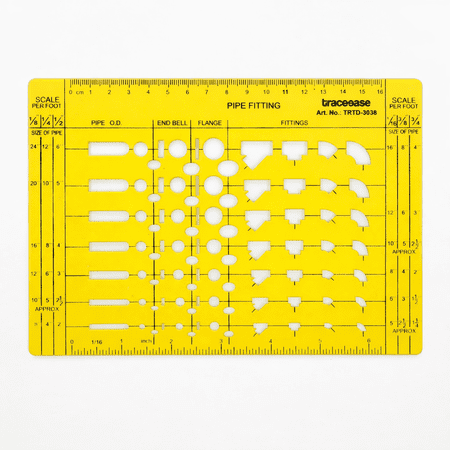 Traceease Pipe Fitting Template Guide with Pipe O.D., End Bell, Flange and Fittings, Drafting Stencil with 6 Inch and 16 cm Rulers, Scale Per Foot Conversions for Drawing, Design and Layout