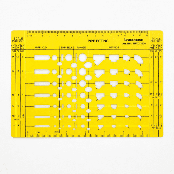 Traceease Pipe Fitting Template Guide with Pipe O.D., End Bell, Flange and Fittings, Drafting Stencil with 6 Inch and 16 cm Rulers, Scale Per Foot Conversions for Drawing, Design and Layout