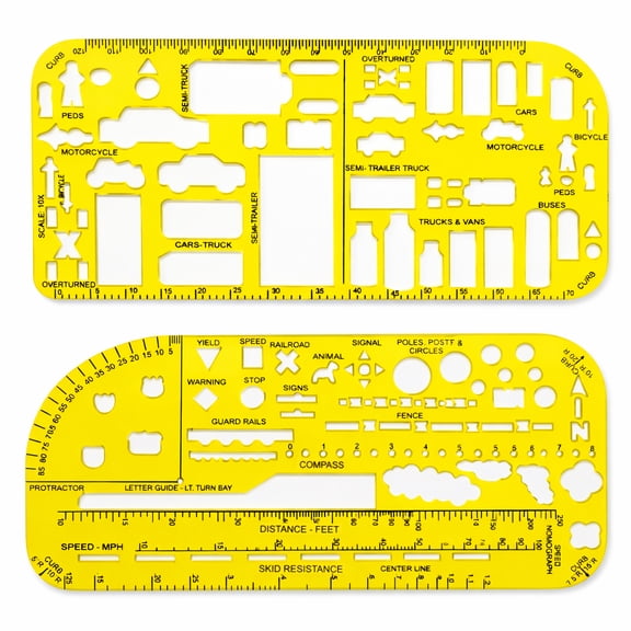Traceease Traffic Accident Investigator Template Set, 2 Pc Acrylic Drawing Stencil Rulers for Crash Reconstruction, Road Scene, Vehicle, Pedestrian, Road Sign and Traffic Symbol Sketching