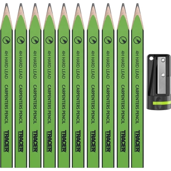 Tracer Green Hard Lead 4H Carpenters Pencils With Sharpener, 10 Pieces