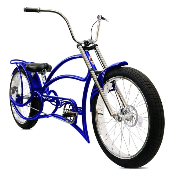 Tracer Leopard GT Chopper Stretch Cruiser Bike, 26" Wheel, Triple Tree Fork, Front Disc Brake, Rear Coaster Brake, 1-speed, for Men, Blue