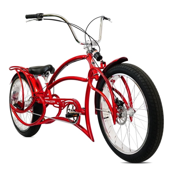 Tracer Leopard 3i Pro Chopper Stretch Cruiser Bike, 26*3.0 Fat Tire, Suspension Fork, Disc Brake, Internal-3-speed, for Men, Red