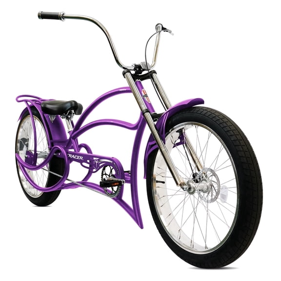 Tracer Leopard GT Chopper Stretch Cruiser Bike, 26" Wheel, Triple Tree Fork, Front Disc Brake, Rear Coaster Brake, 1-speed, for Men, Purple