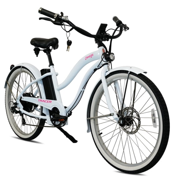 Tracer Omega 26" 500W Cruiser E-bike, 7-speed, 30mi, 48V 14Ah, 25mph, Disc Brake, for Women, White UL2849