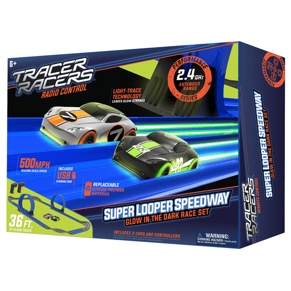 Tracer Racers 2.4 GHz Radio Control Remote Slot-less, Cordless Racing Super Loop Speedway Track Set with Two Cars