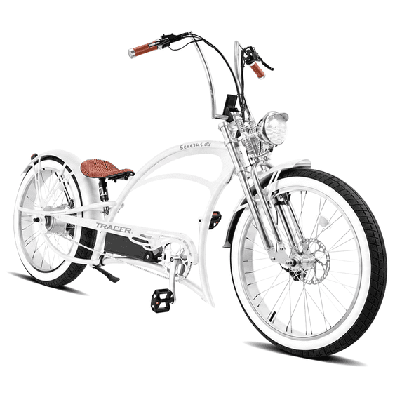 Tracer SEVERUS DTS 26" 800W Chopper Cruiser Ebike, 48V 20AH Battery, 28mph, Up to 60mi, Supsension Fork Saddle, Disc Brake, for 18+ Adult, White