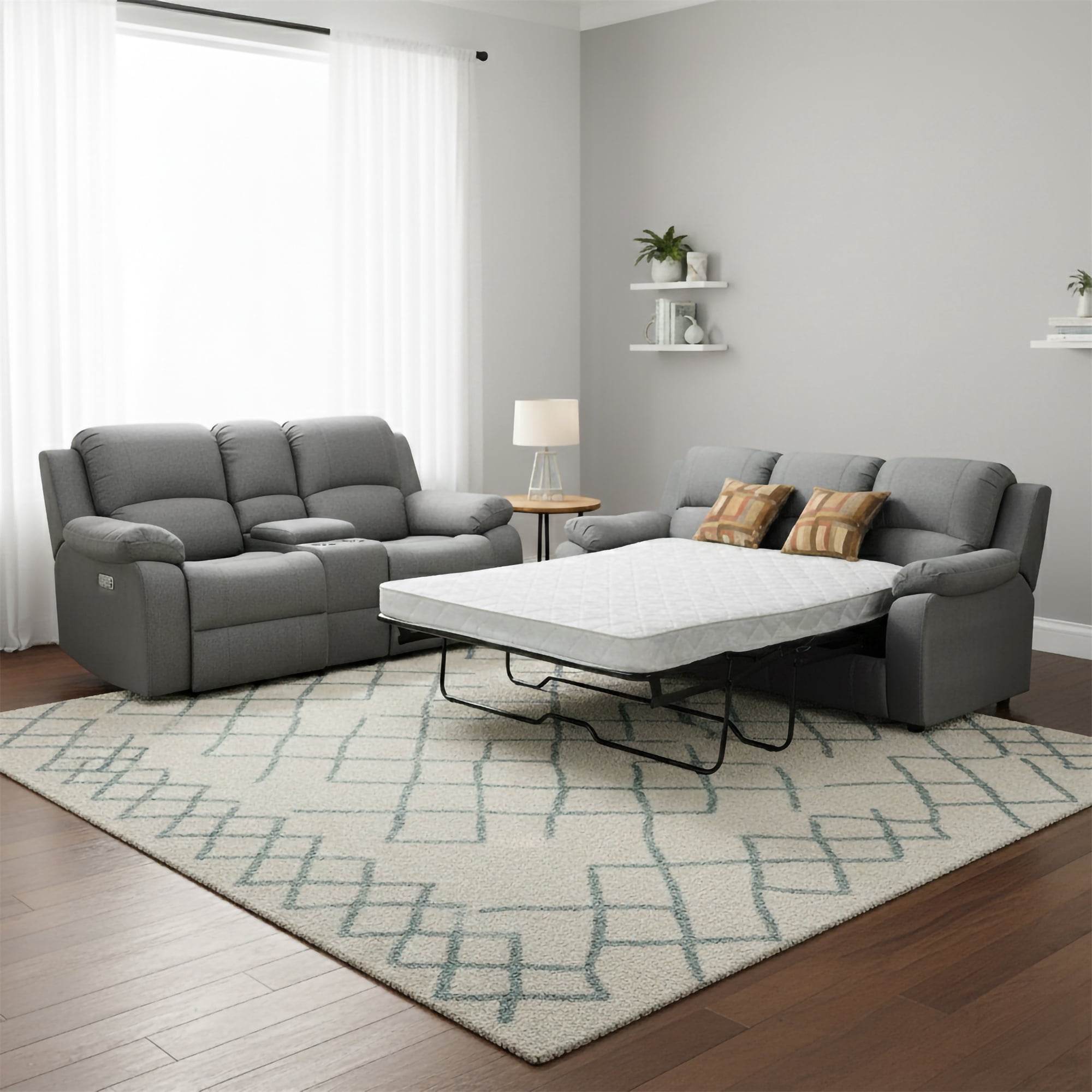 Tracey 2-Piece Transitional Queen Sofa Bed and Reclining Love Seat with Storage Console Living Room Set