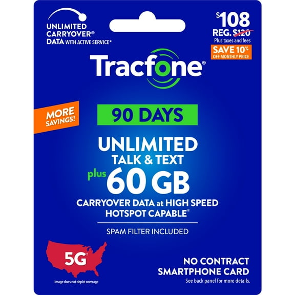 Tracfone $108 Unlimited Talk & Text plus 60 GB of Data 90-Day - Prepaid Plan Direct Top Up