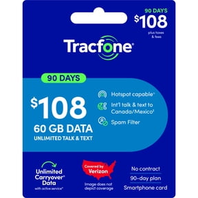 Tracfone $108 Unlimited Talk & Text plus 60 GB of Data 90-Day - Prepaid Plan e-PIN Top Up (Email Delivery)
