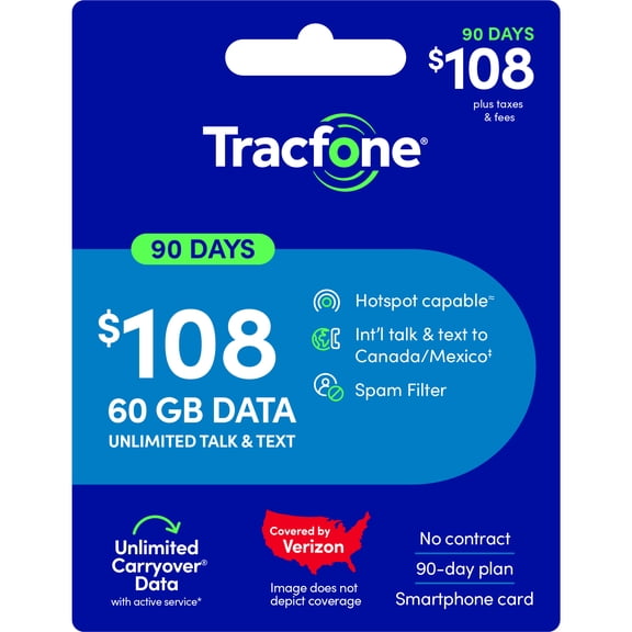 Tracfone $108 Unlimited Talk & Text plus 60 GB of Data 90-Day - Prepaid Plan e-PIN Top Up (Email Delivery)