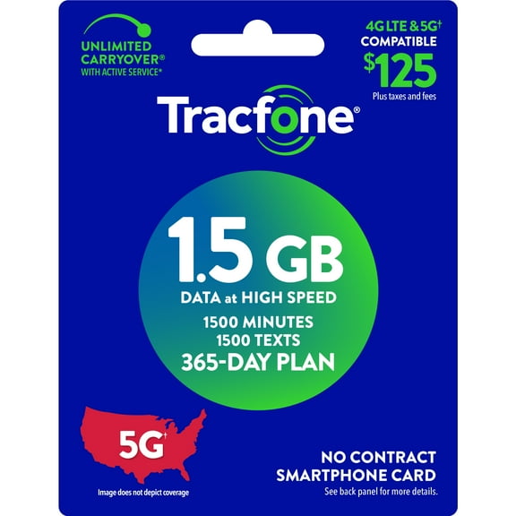 Tracfone $125 Smartphone 1-YearPrepaid Plan 1500 Min/ 1500 Txt/ 1.5GB Data Direct Top Up