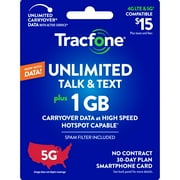 Tracfone $15 Smartphone Unlimited Talk & Text 30-Day Prepaid Plan (1 GB at high speed) Direct Top Up