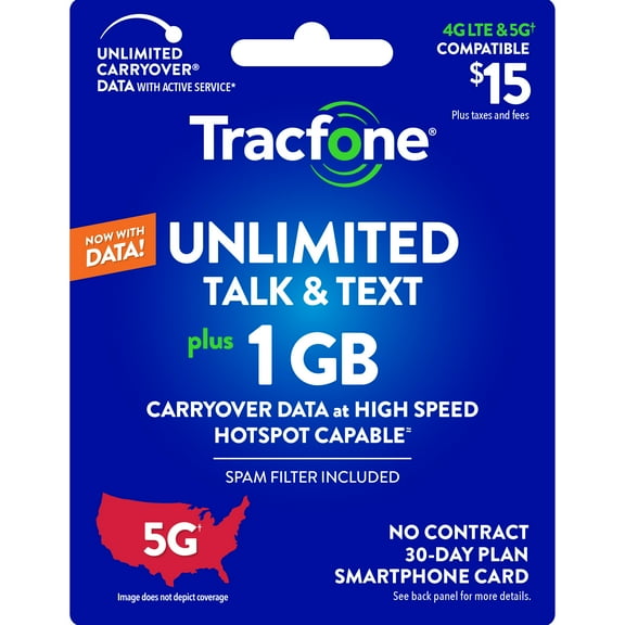 Tracfone $15 Smartphone Unlimited Talk & Text 30-Day Prepaid Plan (1 GB at high speed) Direct Top Up