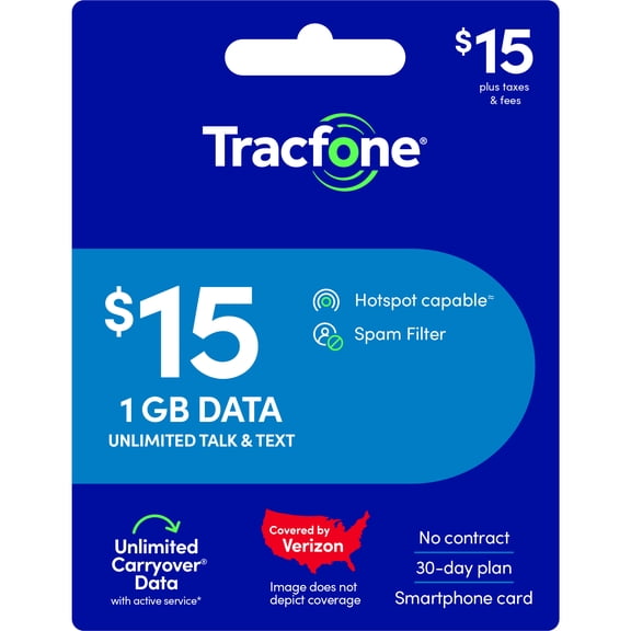 Tracfone $15 Smartphone Unlimited Talk & Text 30-Day Prepaid Plan (1 GB at high speed) e-PIN Top Up (Email Delivery)