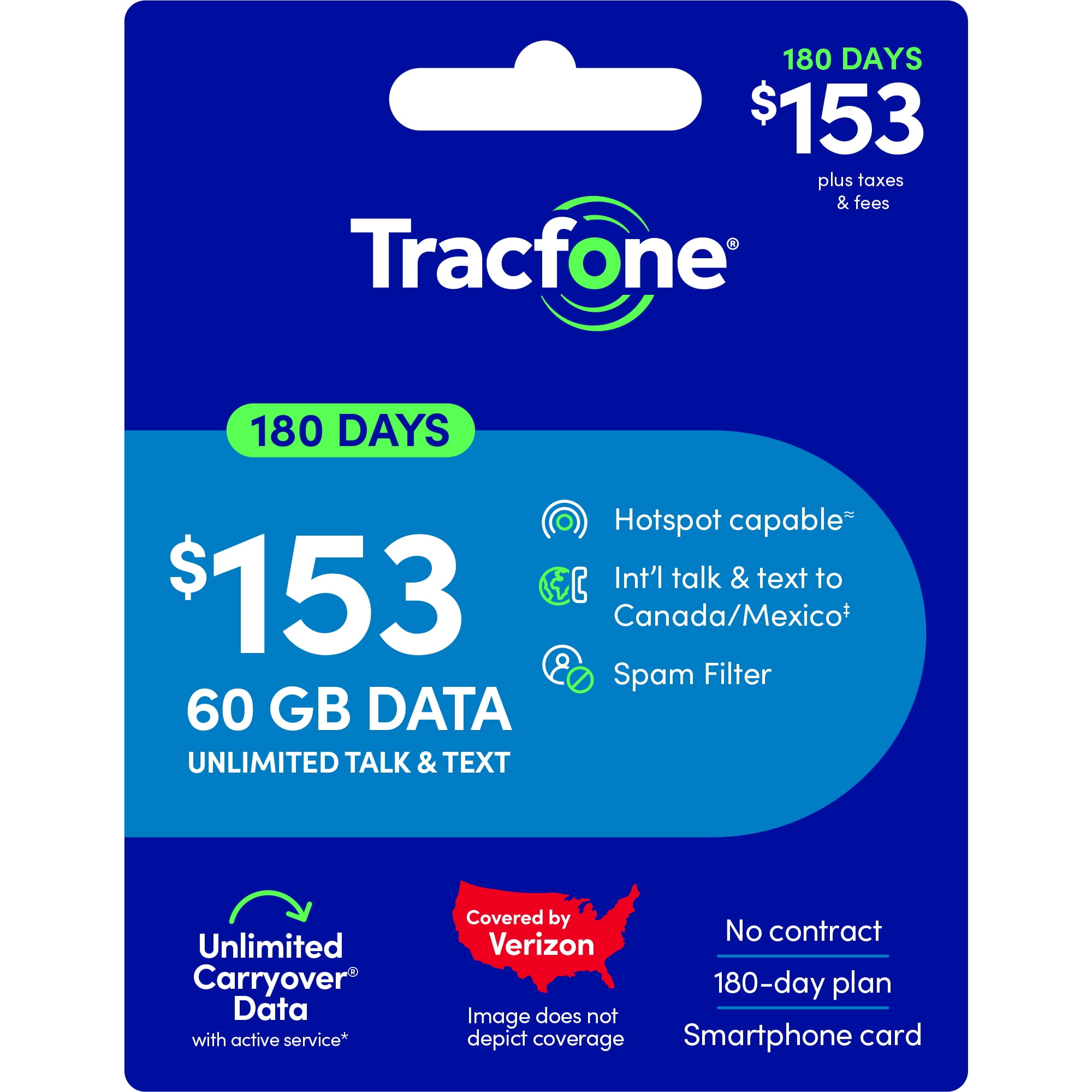 Tracfone $153 Unlimited Talk & Text plus 60 GB of Data 180-Day - Prepaid Plan Direct Top Up