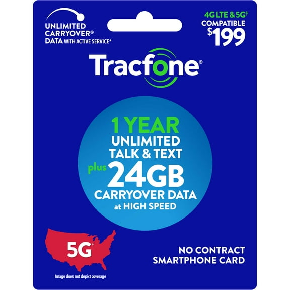 Tracfone $199 Smartphone Unlimited Talk & Text 1-Year Prepaid Plan (24GB Carryover Data at high speeds) e-PIN Top Up (Email Delivery)