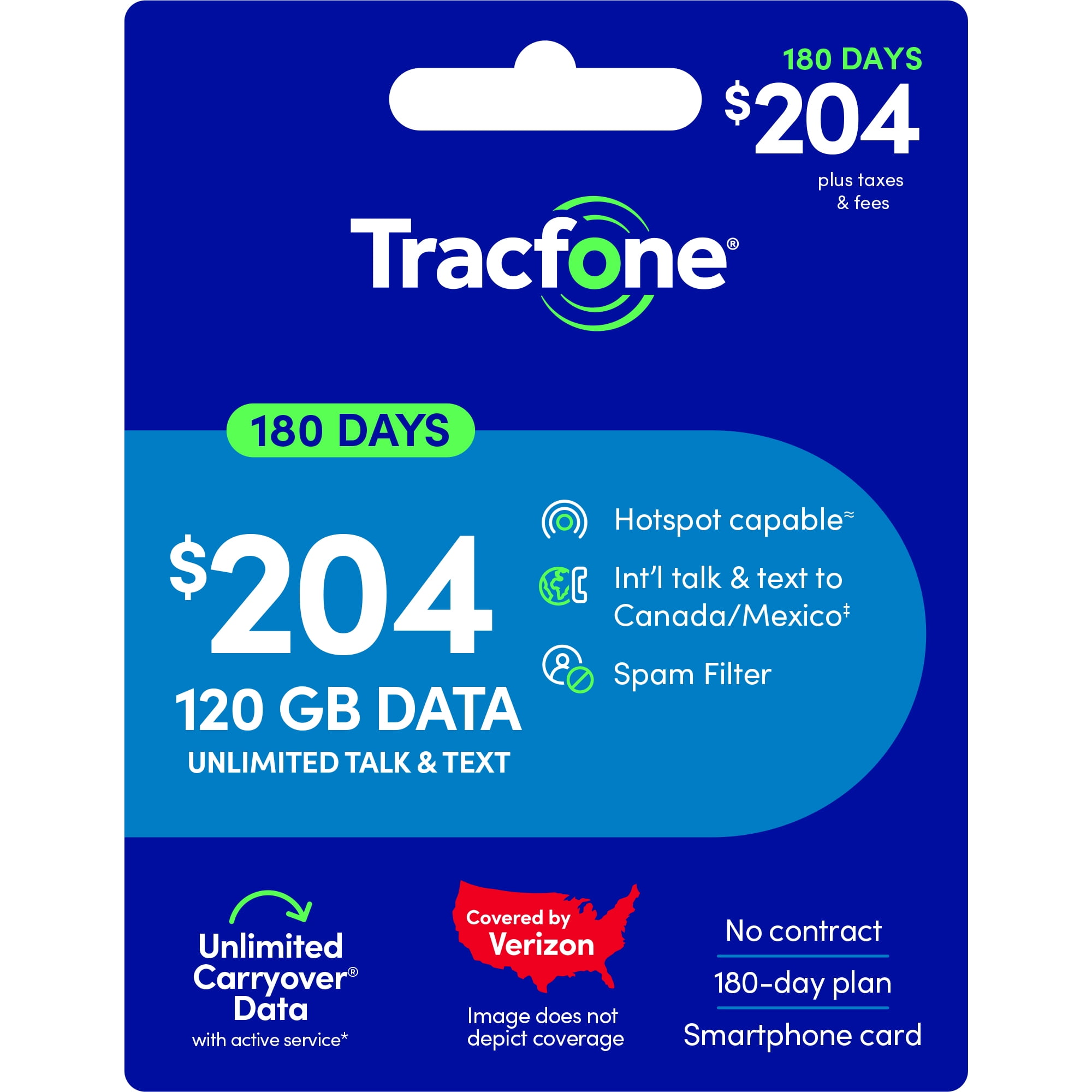 Tracfone $204 Unlimited Talk & Text plus 120 GB of Data 180-Day - Prepaid Plan Direct Top Up