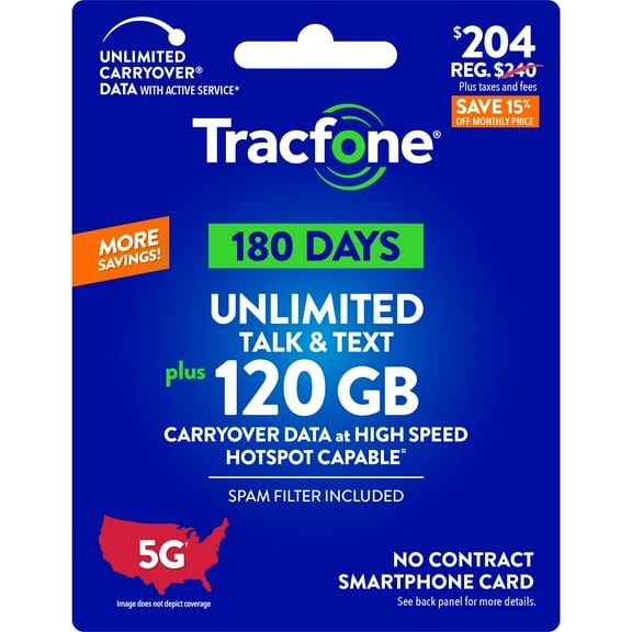 Tracfone $204 Unlimited Talk & Text plus 120 GB of Data 180-Day - Prepaid Plan Direct Top Up