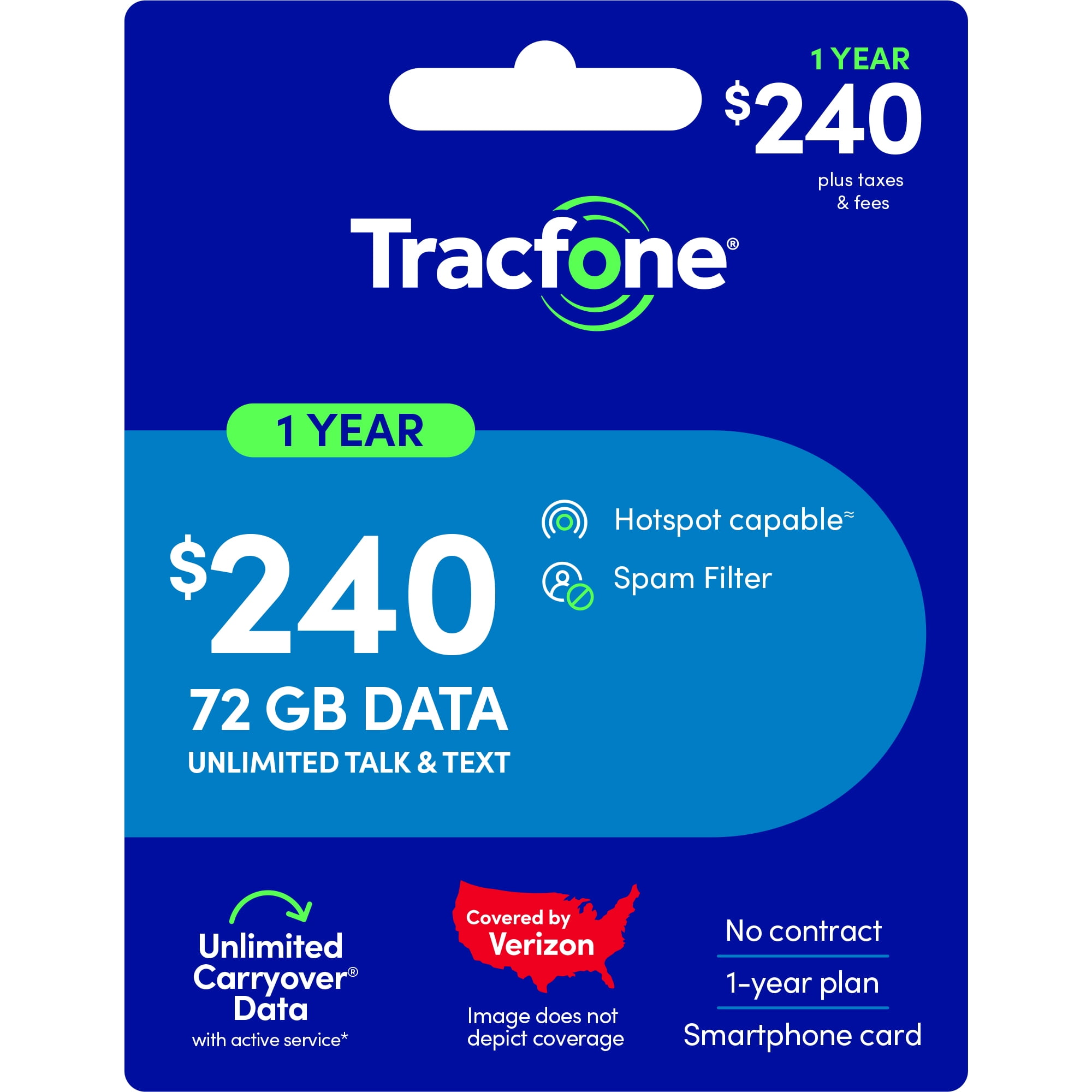 Tracfone $240 Unlimited Talk & Text plus 72 GB of Data 365-Day - Prepaid Plan Direct Top Up