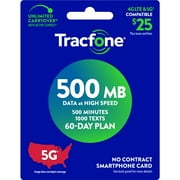 Tracfone $25 Smartphone 60 Day Prepaid Plan, 500 Min/1000 Txt/500 MB Data e-PIN Top Up (Email Delivery)