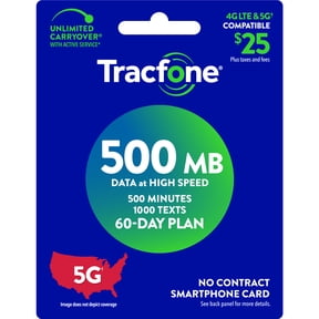 Tracfone $25 Smartphone 60 Day Prepaid Plan, 500 Min/1000 Txt/500 MB Data e-PIN Top Up (Email Delivery)