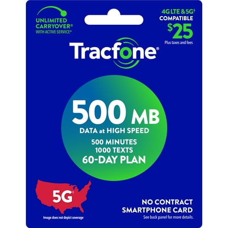 Tracfone $25 Smartphone 60 Day Prepaid Plan, 500 Min/500 Txt/500MB Data e-PIN Top Up (Email Delivery)