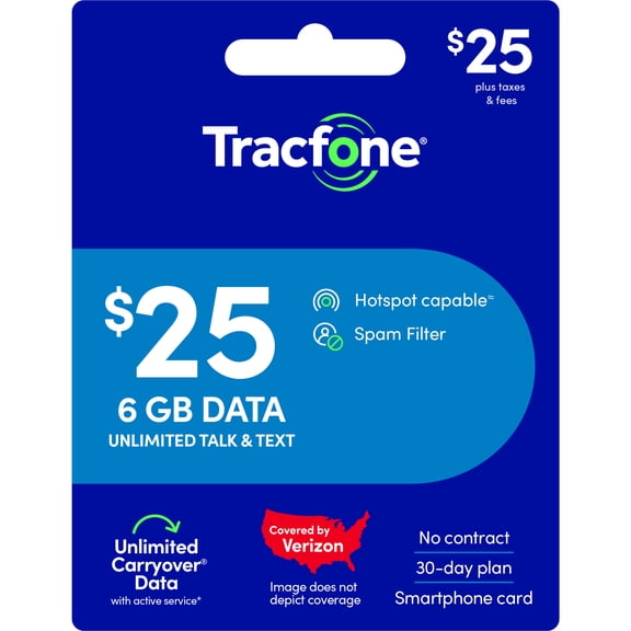 Tracfone $25 Smartphone Unlimited Talk & Text 30-Day Prepaid Plan (6 GB at high speed) e-PIN Top UP (Email Delivery)
