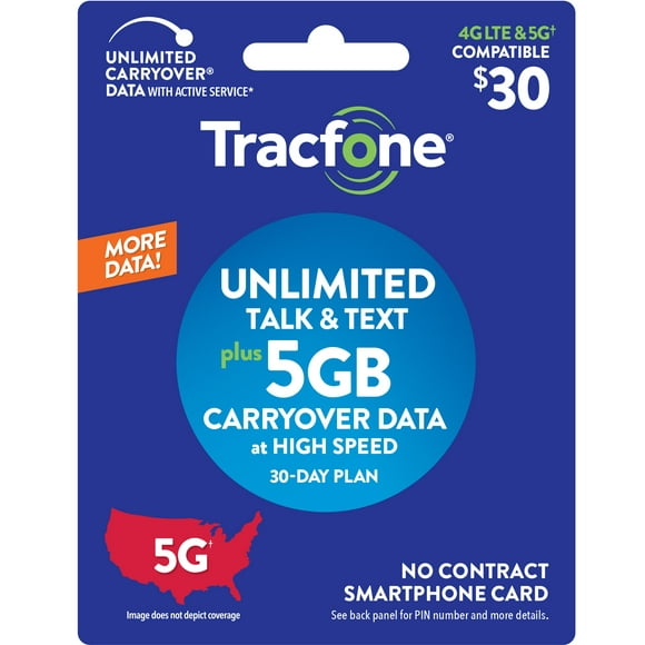 Tracfone $30 Smartphone Unlimited Talk & Text 30-Day Prepaid Plan (5GB at high speeds*) Direct Top Up