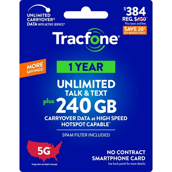 Tracfone $384 Unlimited Talk & Text plus 240 GB of Data 365-Day - Prepaid Plan e-PIN Top Up (Email Delivery)