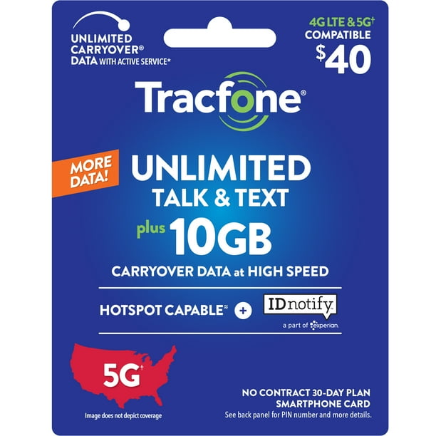 Tracfone 40 Smartphone Unlimited Talk & Text 30Day Prepaid Plan (10GB