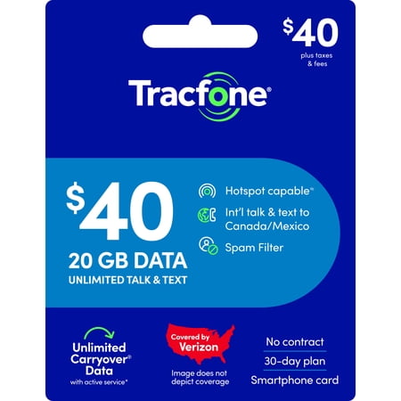 Tracfone $40 Smartphone Unlimited Talk & Text 30-Day Prepaid Plan (20 GB at high speed) e-PIN Top Up (Email Delivery)