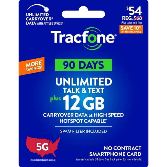 Tracfone $54 Unlimited Talk & Text plus 12 GB of Data 90-Day - Prepaid Plan Direct Top Up