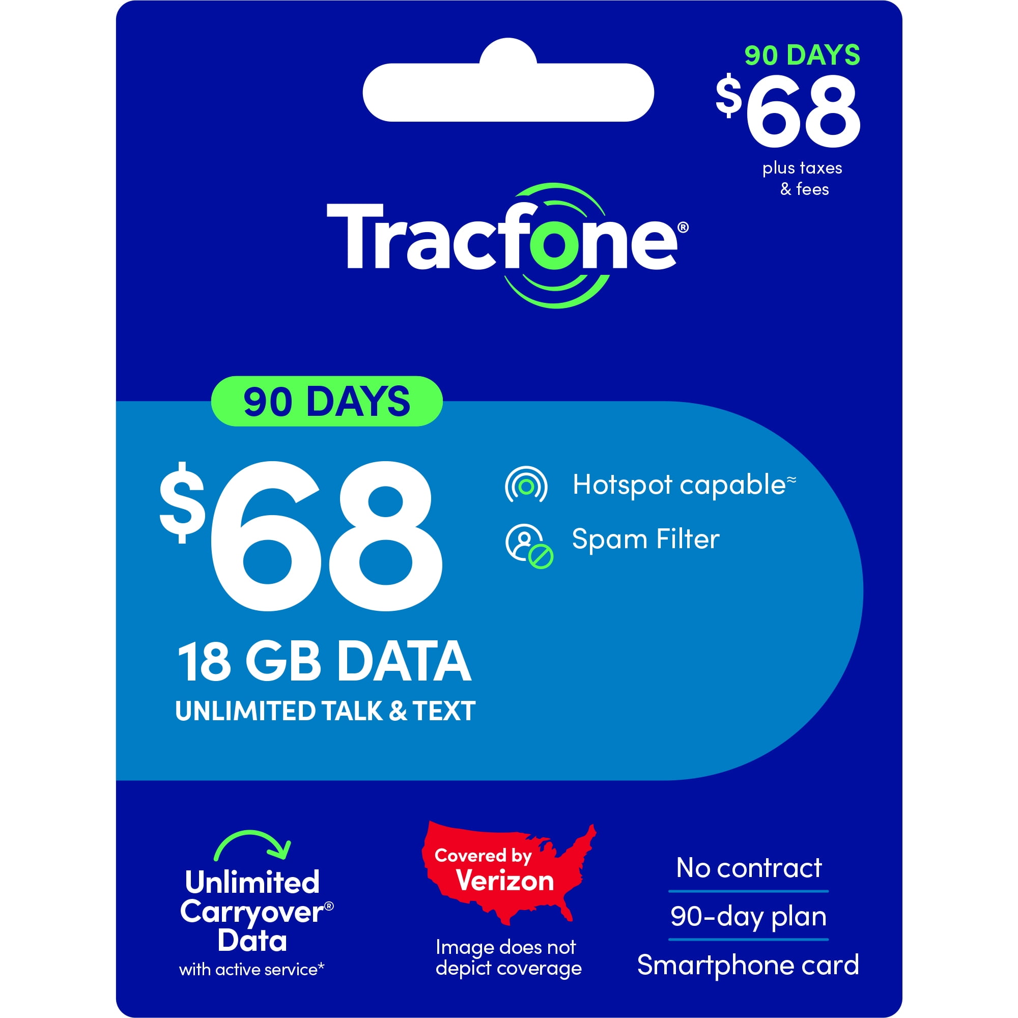 Tracfone $68 Unlimited Talk & Text plus 18 GB of Data 90-Day - Prepaid Plan Direct Top Up