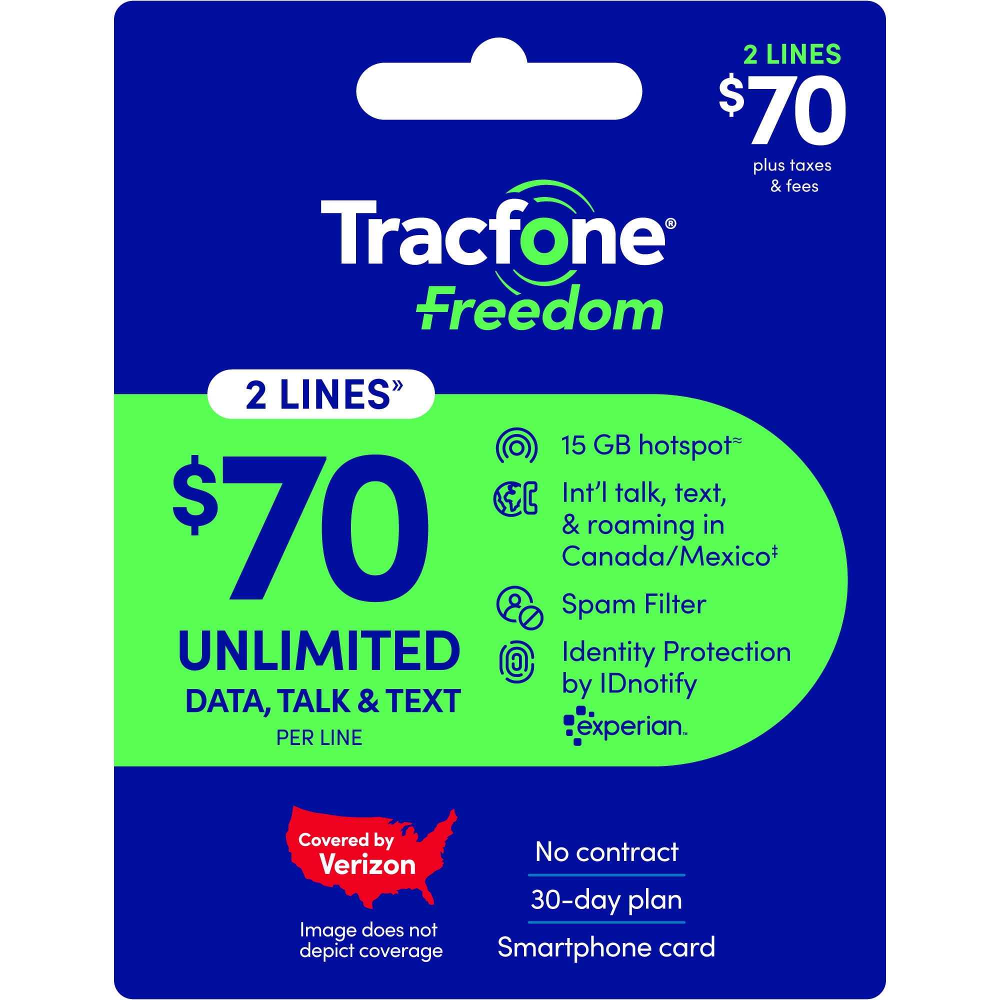 Tracfone $70 Freedom 2-Line Smartphone Unlimited Talk, Text & Data 30-Day Prepaid Plan e-PIN Top Up (Email Delivery)