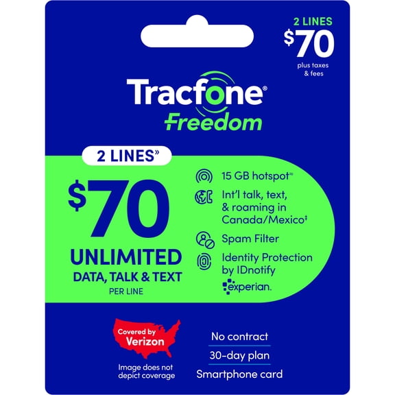 Tracfone $70 Freedom 2-Line Smartphone Unlimited Talk, Text & Data 30-Day Prepaid Plan e-PIN Top Up (Email Delivery)