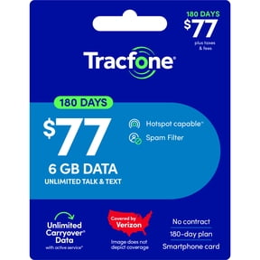 Tracfone $77 Unlimited Talk & Text plus 6 GB of Data 180-Day - Prepaid Plan e-PIN Top Up (Email Delivery)