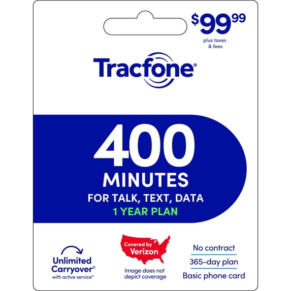 Tracfone $99.99 Basic Phone 400 minutes 1-Year Prepaid Plan e-PIN Top Up (Email Delivery)
