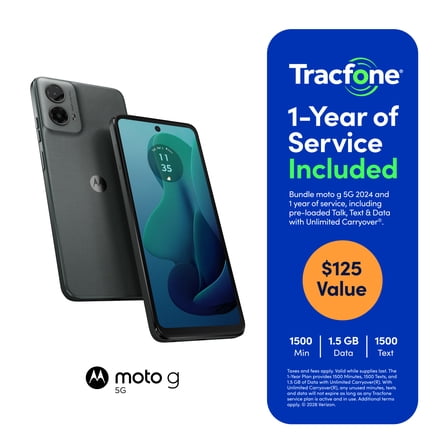 Tracfone Motorola Moto g 2024, 5G, 64GB, Blue Includes 1500Min/1500Txt/1500MB, 365 Days Service Plan - Prepaid Smartphone Service Bundle