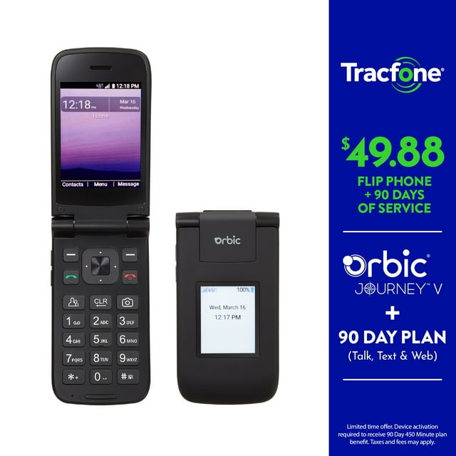 Tracfone Orbic Journey V Bundle, 8GB, Black Prepaid Flip Phone + FREE