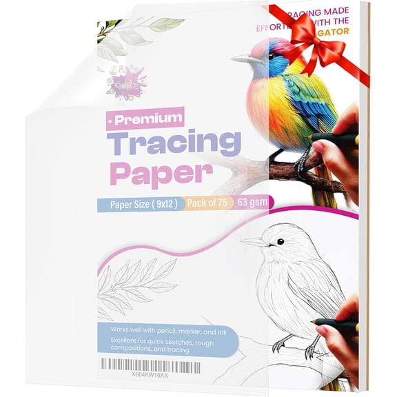 Tracing Paper 9 x 12 Inch - 75 Sheets 41lb/63gsm Transparent Vellum Paper for Sketching, Preliminary Drawing, Drafting & Overlays - Premium Translucent Tracing Paper for Pencil, Marker and Ink