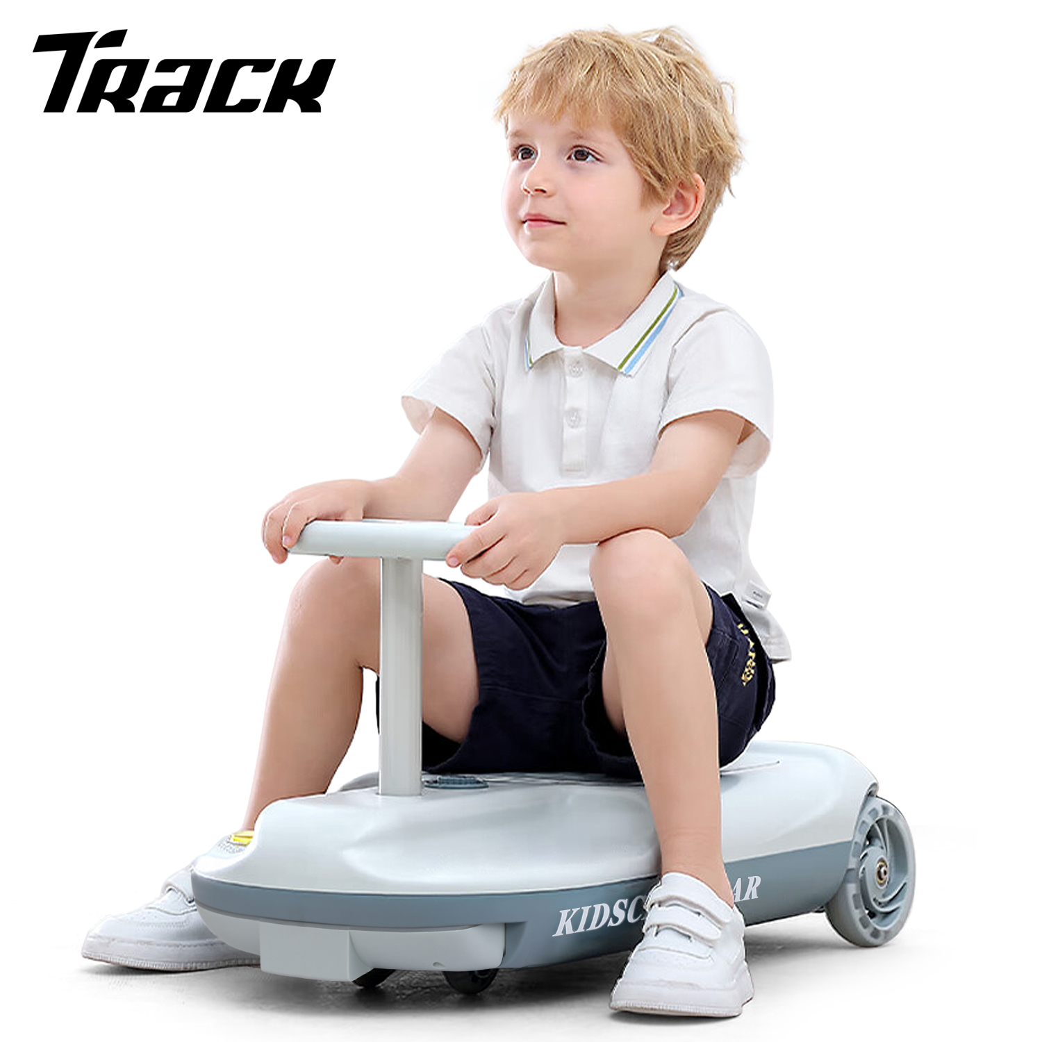 Track Seven 12V Electric Go Kart, Ride onRace Car w/LED Flashing Lights, Variable Speed 0-5 mph, Portable Go Kart with Mopping Kit, 6L Storage Space, Low Noise, Electric Car for Kids Age 2+, White