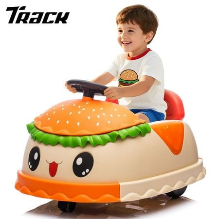 Track Seven 12V Bumper Car for Kids, Hamburger Design Electric Ride on Car for Toddlers with Remote Control, Music, 360°Spin, Max Speed 3.11 mph, Ride on Toy Car for Boys Girls Age 1-5 Years, Orange