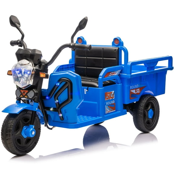 Track Seven 12V Kids Ride on Car, Electric 3-Wheel Cargo Truck with Large Storage Space, LED Lights, Music, Electric Trike Ride on Toy for Kids Aged 3+, Blue