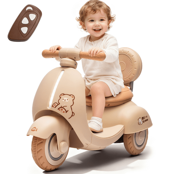 Track Seven 12V Ride on Motorcycle, 3-Wheel Toddler Electrc Scooter with Remote Control, Bluetooth, Wide Seat, Wooden Handle, Slow Start, Electric Motorycle for Boys Girls Aged 1-3 Years, Beige