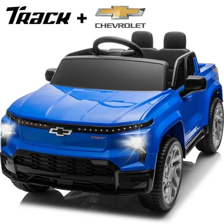 Track Seven 12V Ride on Car, Licensed Chevrolet Silverado Electric Car Truck with Remote Control, Bluetooth, LED Lights, Power Display, Rear Storage Ride on Toy for Boys Girls Age 3+, Blue