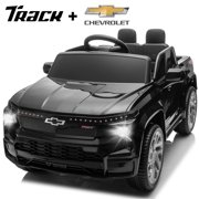 Track Seven 12V Ride on Car, Licensed Chevrolet Silverado Electric Car Truck with Remote Control, Bluetooth, LED Lights, Power Display, Rear Storage Ride on Toy for Boys Girls Age 3+, Black
