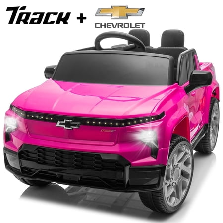 Track Seven 12V Ride on Car, Licensed Chevrolet Silverado Electric Car Truck with Remote Control, Bluetooth, LED Lights, Power Display, Rear Storage Ride on Toy for Boys Girls Age 3+, Pink