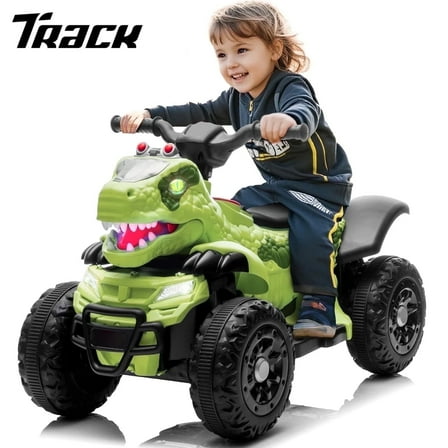 Track Seven 12V Electric Ride-On ATV, Dinosaur Four Wheeler Electric Car with Bluetooth, LED Lights, Music, Electric Quad Ride-On Toy Car for Toddlers Boys Girls Age 2+, Green