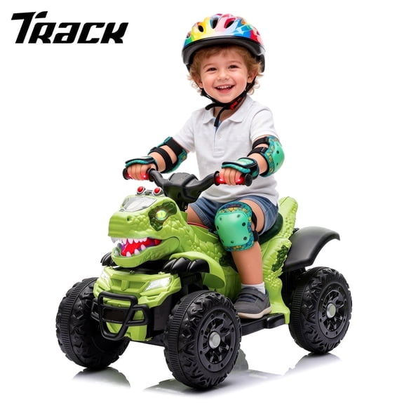 Track Seven 12V Electric Ride-On ATV, Dinosaur Four Wheeler Electric Car with Bluetooth, LED Lights, Music, Electric Quad Ride-On Toy Car for Toddlers Boys Girls Age 2+, Green