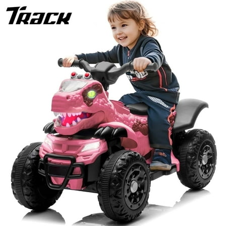 Track Seven 12V Electric Ride-On ATV, Dinosaur Four Wheeler Electric Car with Bluetooth, LED Lights, Music, Electric Quad Ride-On Toy Car for Toddlers Boys Girls Age 2 , Rose Pink